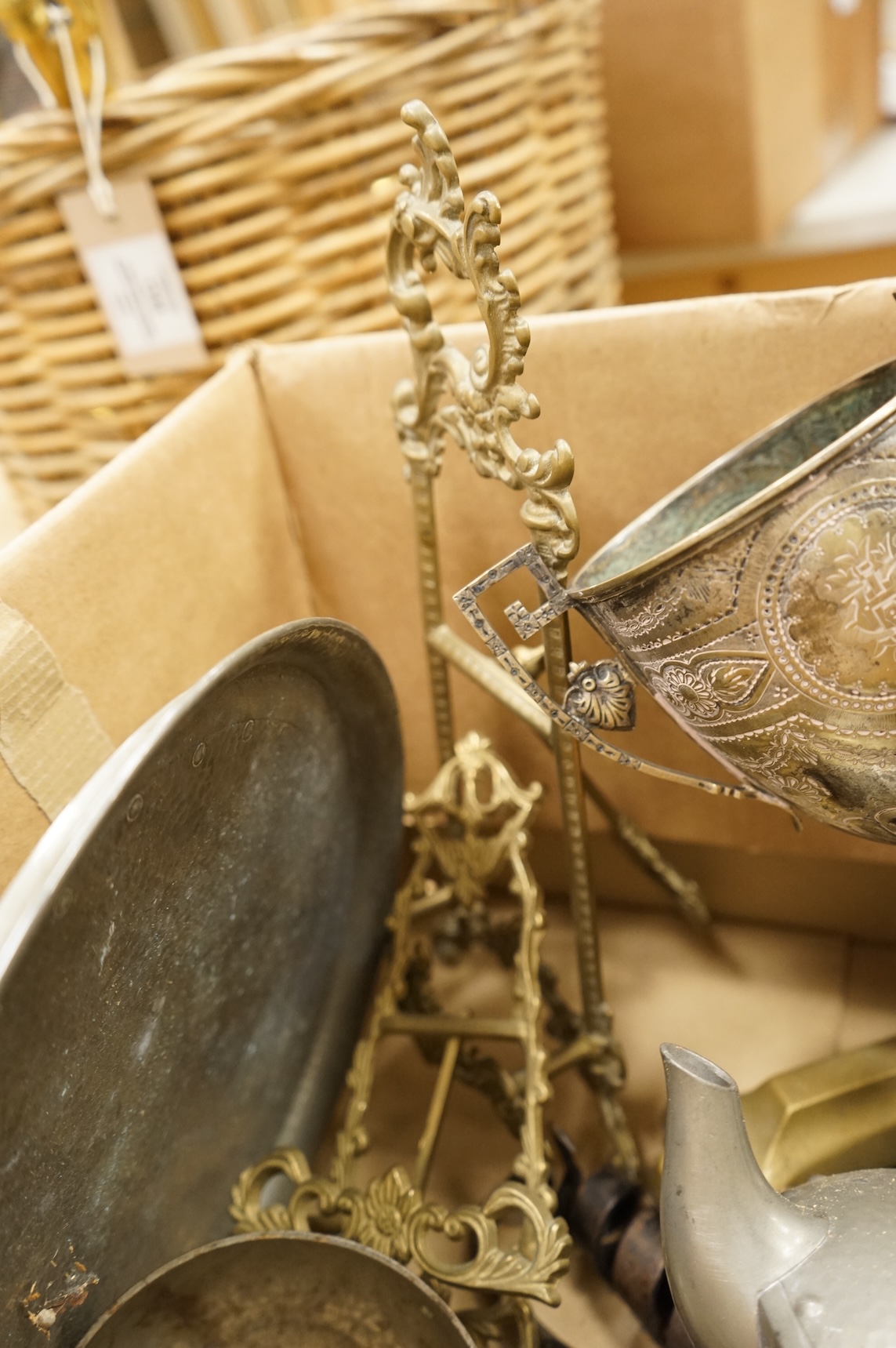 An Arts & Crafts pewter teaset and tray and a collection of mixed metalware